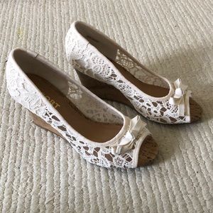 White Lace Peep Toe Wedges
